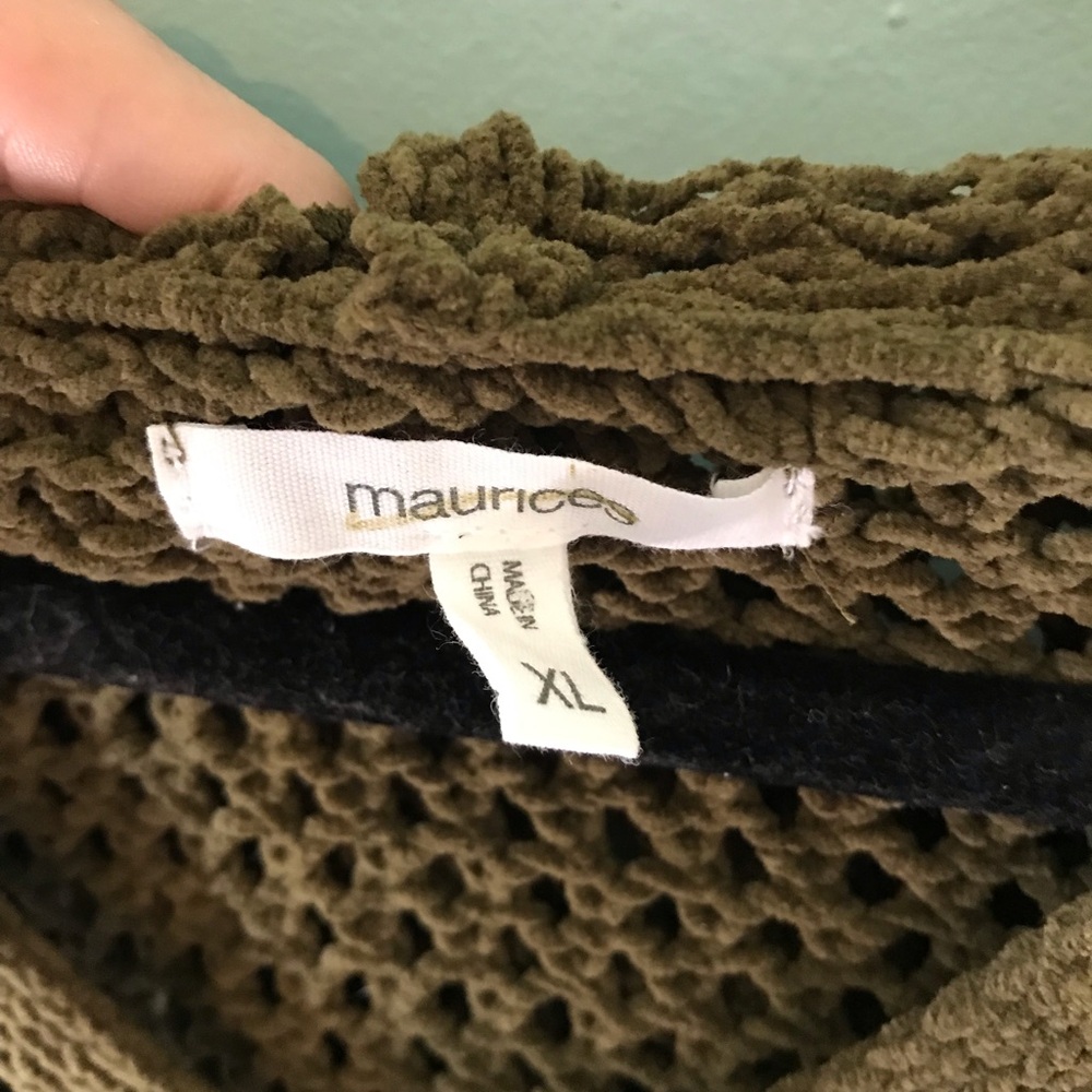 Maurices Olive Open-Weave V-Neck Hoodie Sweater - Picture 2 of 4